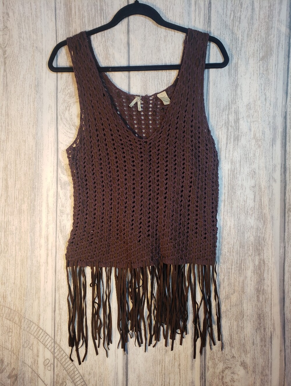 Brown open-knit textured Fringed Tank Sweater large faux-leather woven Large